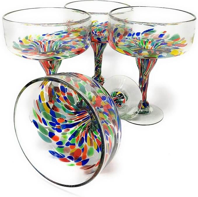 Confetti Carmen Hand Blown Margarita Glasses – Set of 4 (16 oz)