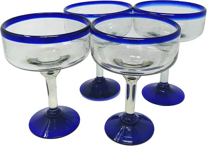 Cobalt Blue Rim Hand Blown Margarita Glasses – Set of 4 (16 oz)