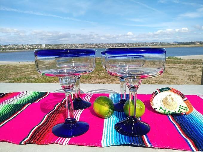 Cobalt Blue Rim Hand Blown Margarita Glasses – Set of 4 (16 oz)