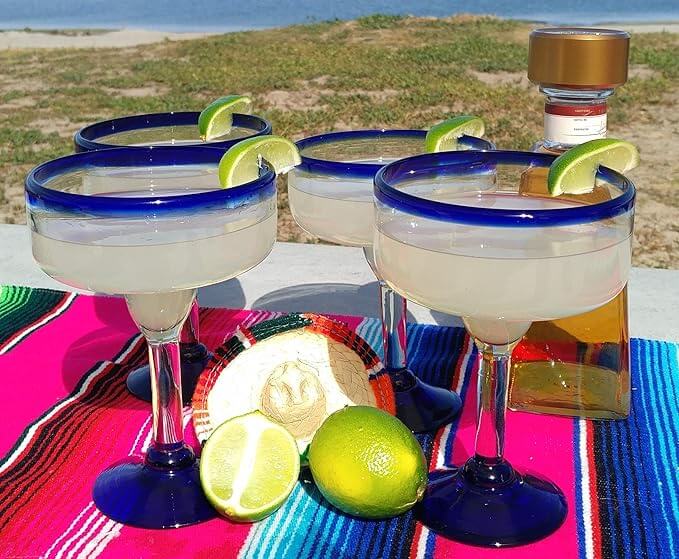 Cobalt Blue Rim Hand Blown Margarita Glasses – Set of 4 (16 oz)