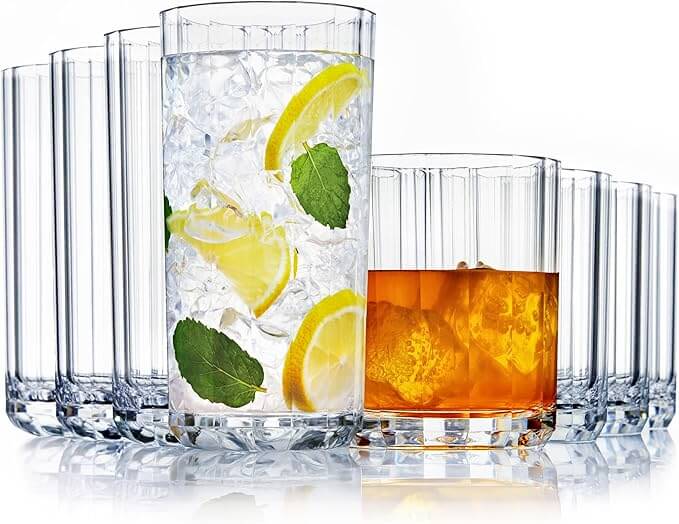 Faceted Clear Plastic Reusable Tumblers – Set of 8 (14 oz Rocks & 18 oz Water Cups)