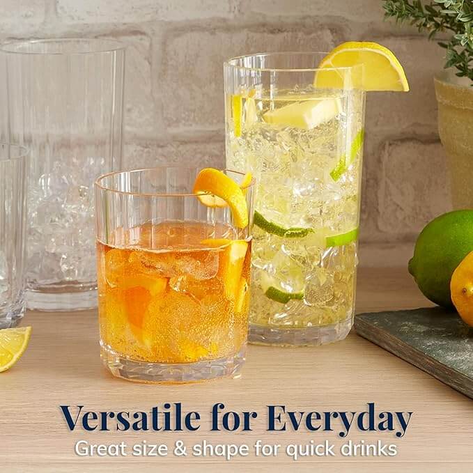 Faceted Clear Plastic Reusable Tumblers – Set of 8 (14 oz Rocks & 18 oz Water Cups)