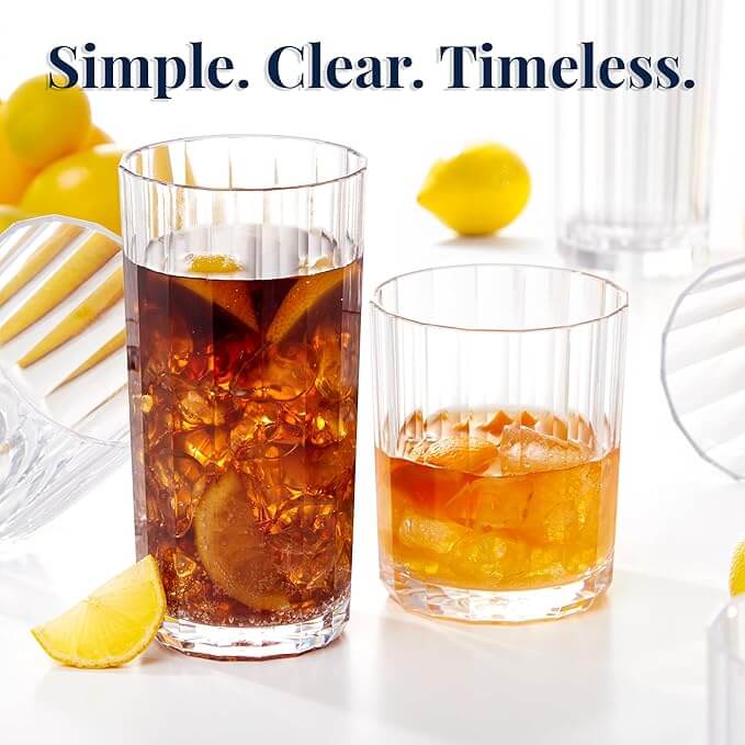 Faceted Clear Plastic Reusable Tumblers – Set of 8 (14 oz Rocks & 18 oz Water Cups)