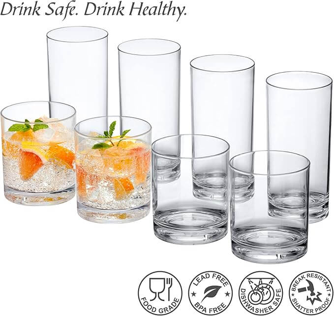Probity Reusable Plastic Tumblers – Set of 8 (12 oz & 16 oz)