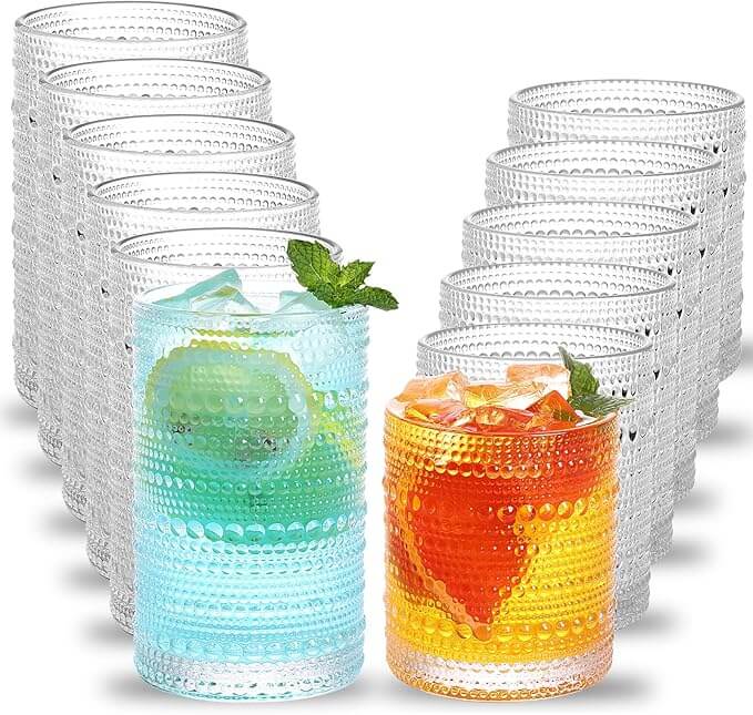 Hobnail Boho Drinking Glasses – Set of 12 (12 oz Highball & 10 oz Cocktail)