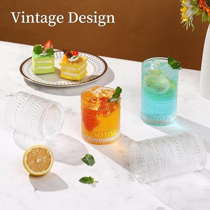 Hobnail Boho Drinking Glasses – Set of 12 (12 oz Highball & 10 oz Cocktail)