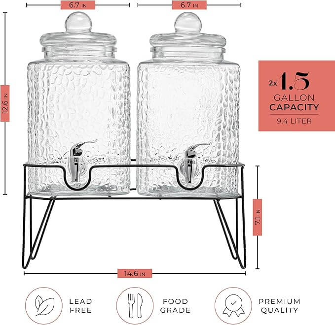 Premium Glass Drink Dispensers with Metal Stand – Set of 2 (1.5 Gal Each)