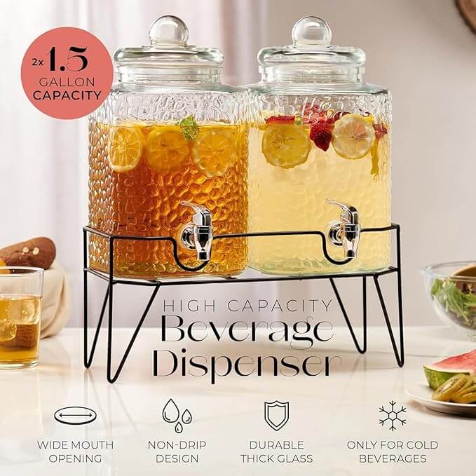 Premium Glass Drink Dispensers with Metal Stand – Set of 2 (1.5 Gal Each)