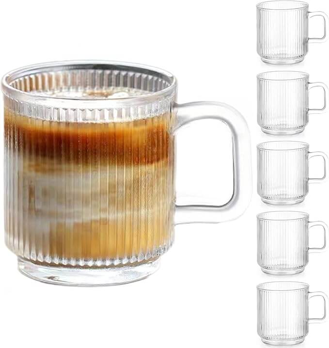 Vertical Stripe Glass Coffee Mugs with Handle – Set of 6 (12 oz)