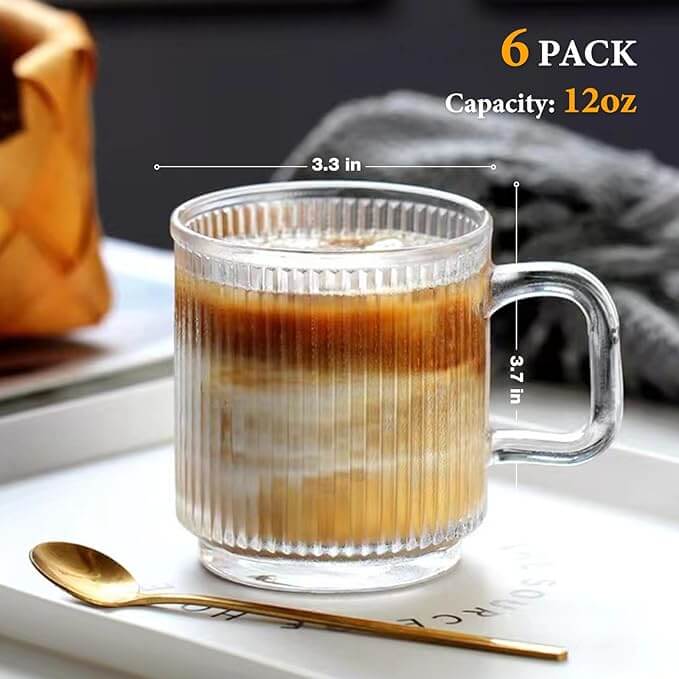 Vertical Stripe Glass Coffee Mugs with Handle – Set of 6 (12 oz)