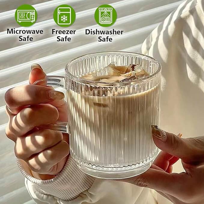 Vertical Stripe Glass Coffee Mugs with Handle – Set of 6 (12 oz)