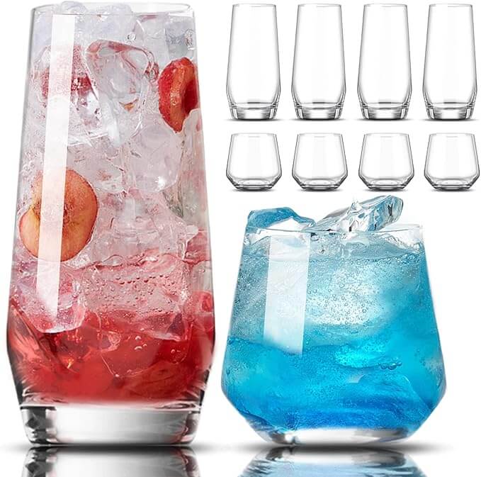 Tall Highball & Stemless Wine Glasses – Set of 8 (18 oz & 13 oz)