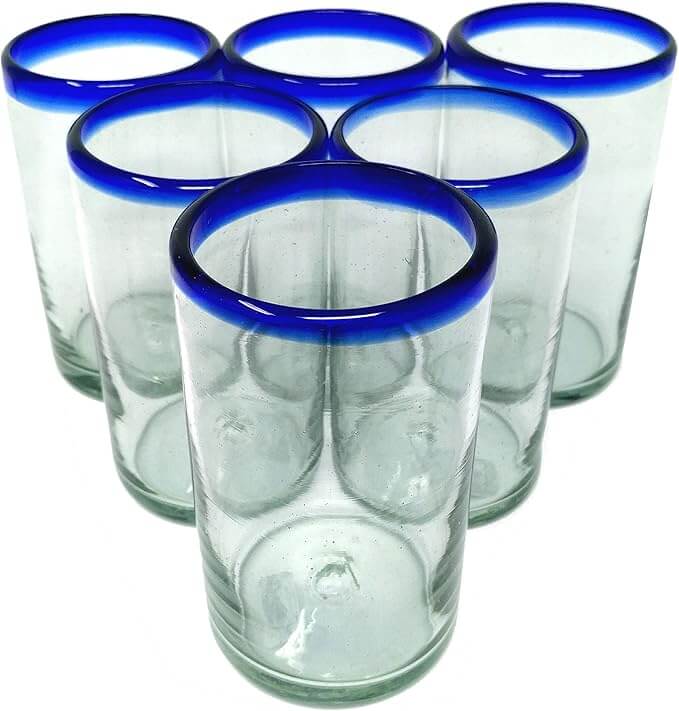 Hand Blown Mexican Drinking Glasses with Cobalt Blue Rim – Set of 6 (14 oz)