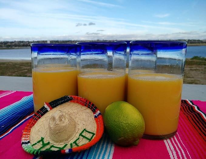 Hand Blown Mexican Drinking Glasses with Cobalt Blue Rim – Set of 6 (14 oz)