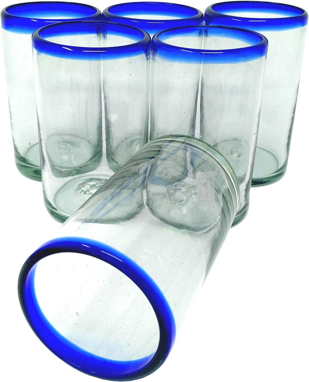 Hand Blown Mexican Drinking Glasses with Cobalt Blue Rim – Set of 6 (14 oz)