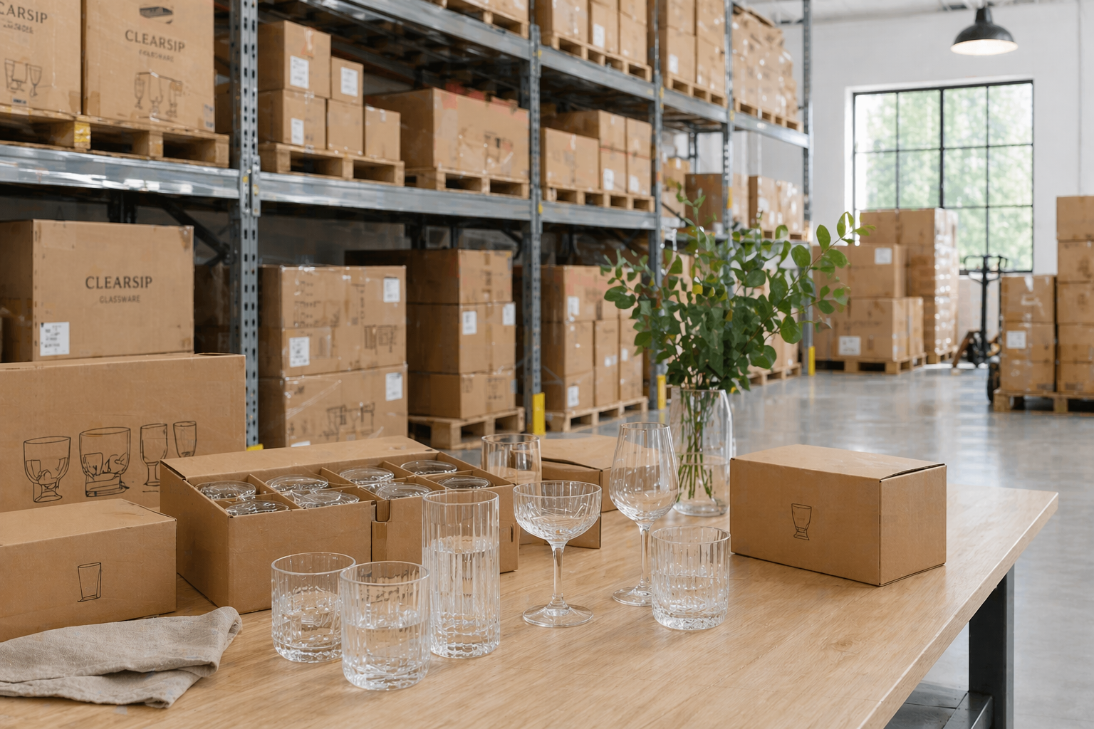 Glassware prepared for shipment in a clean warehouse setting